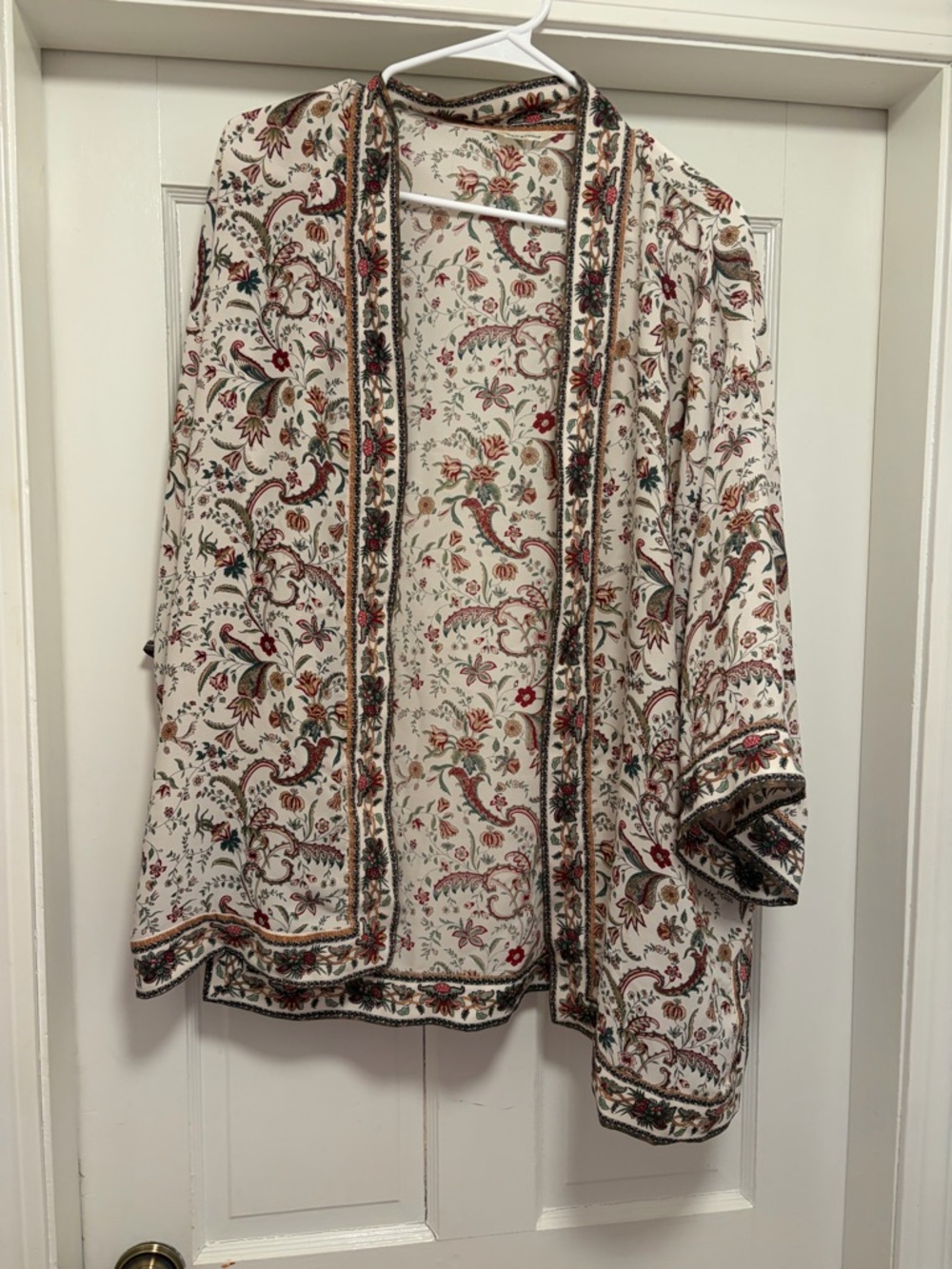 Max Studio Cream Boho Floral Kimono with Red and Teal Accents